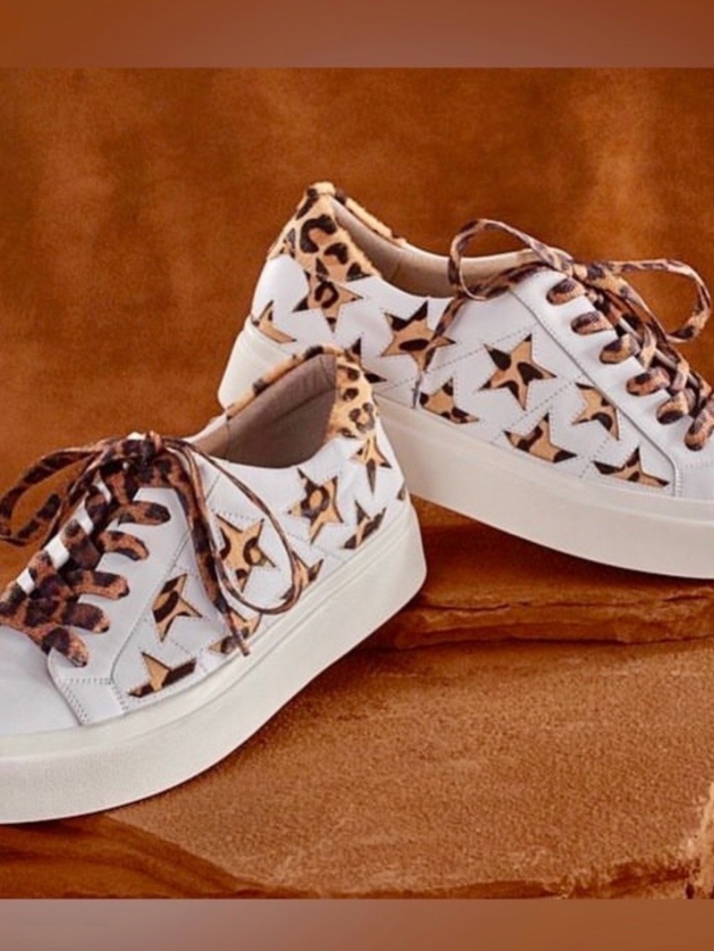Vaneli White Leather Platform Sneakers with Leopard Star Accents